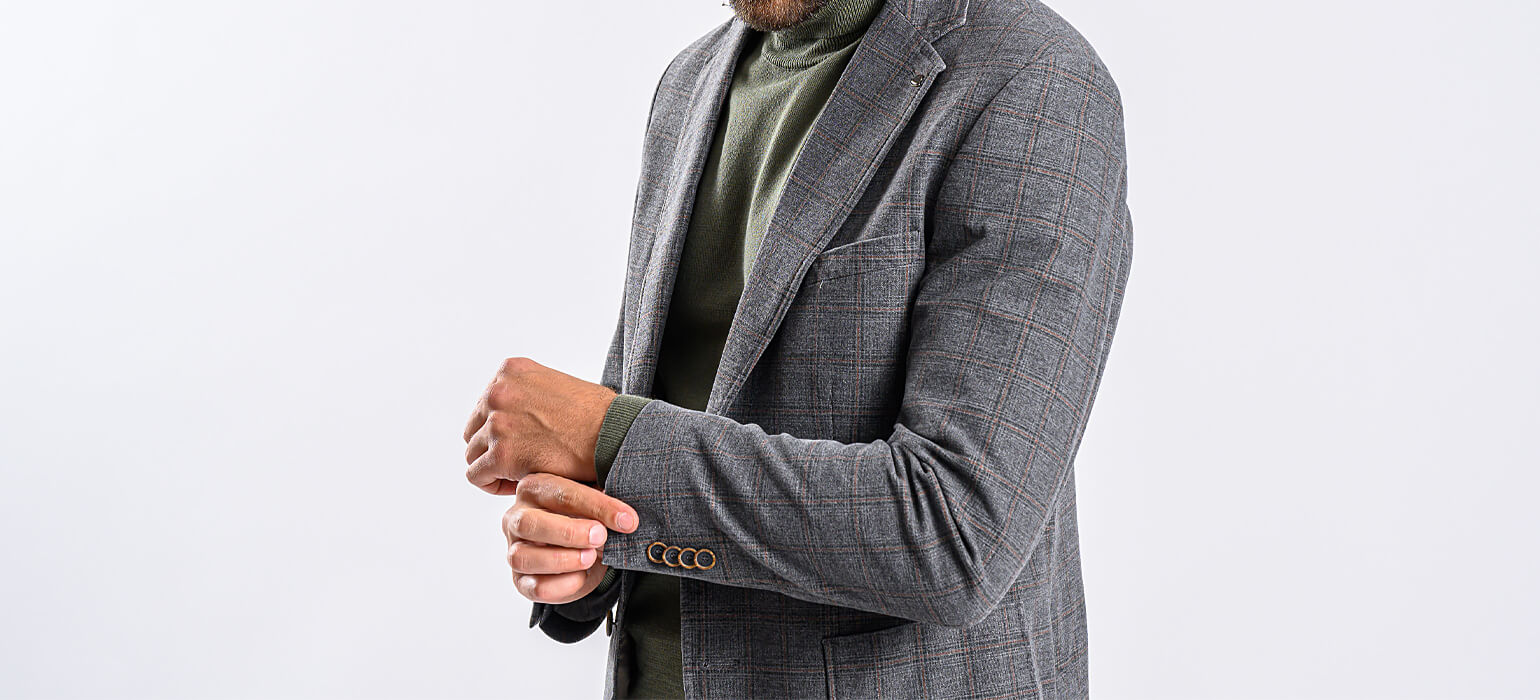 Grey cotton blazer with brown check pattern