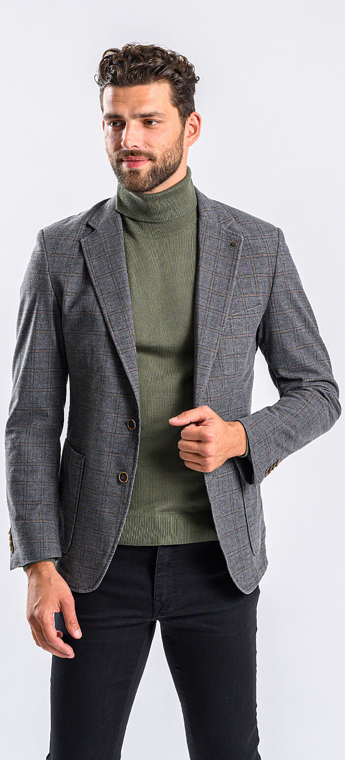 Grey cotton blazer with brown check pattern