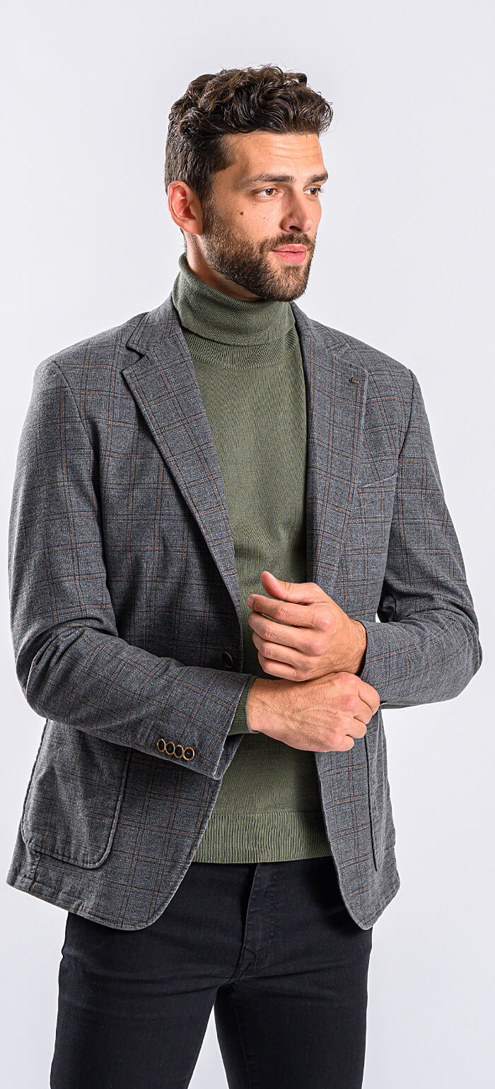 Grey cotton blazer with brown check pattern