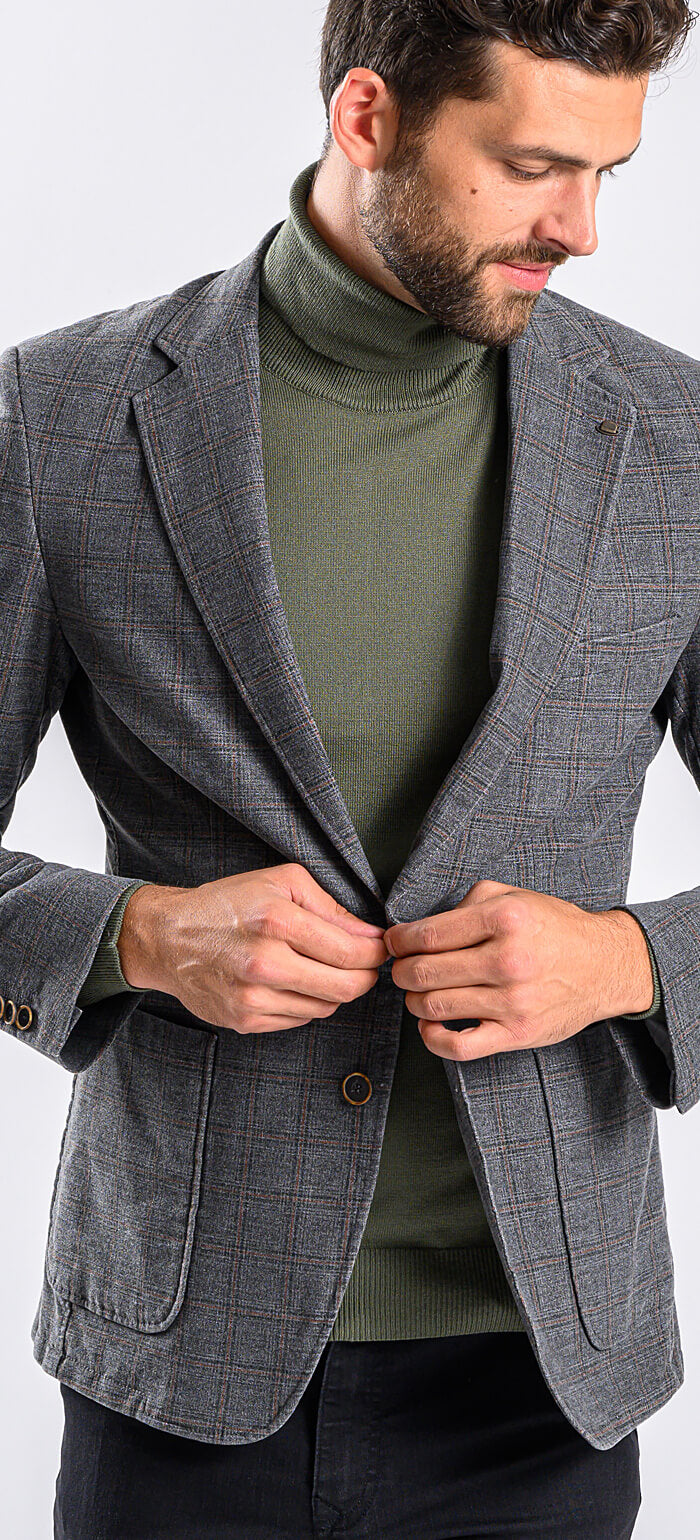 Grey cotton blazer with brown check pattern