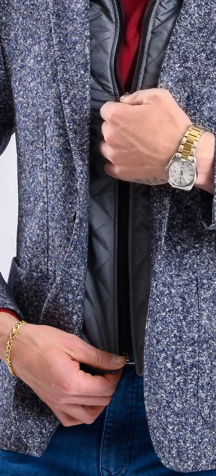 Grey blazer with splattered pattern and removable insert