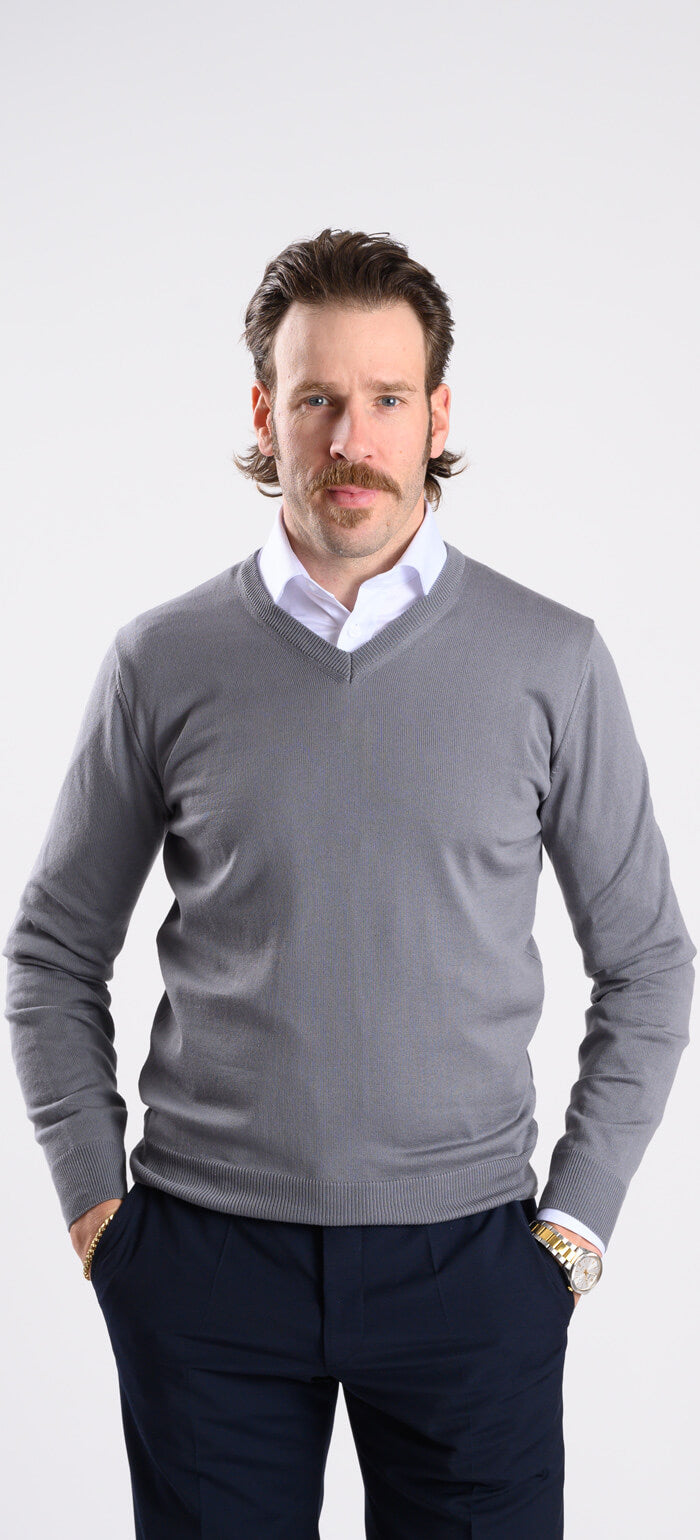 Grey cotton V-neck sweater