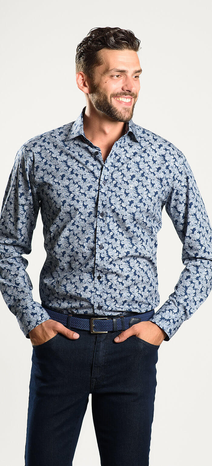 Navy Blue Extra Slim Fit Shirt with a Bold Pattern