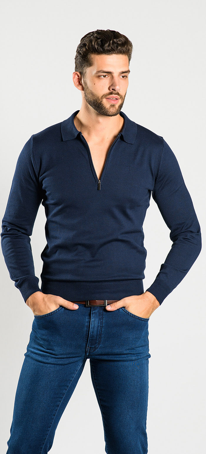 Navy blue long-sleeved polo shirt