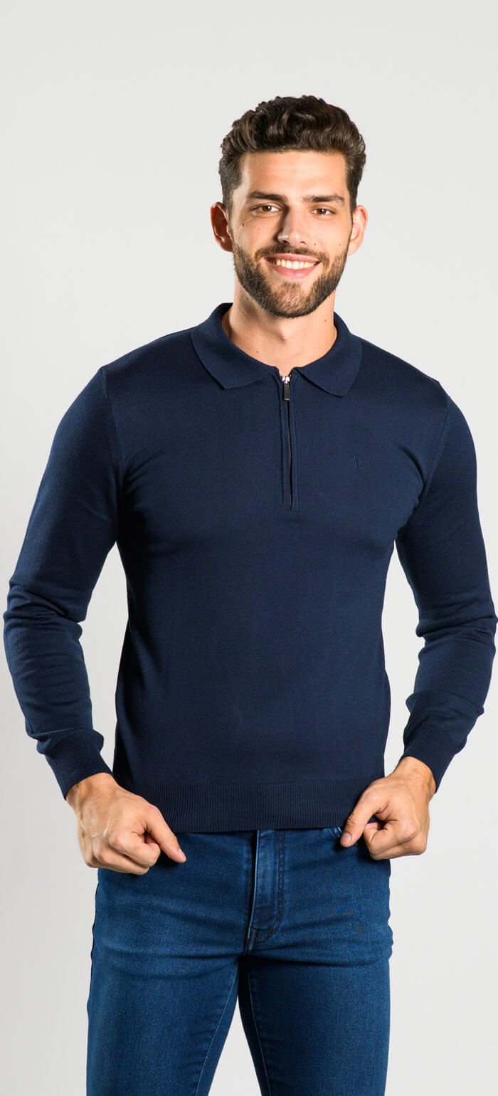 Navy blue long-sleeved polo shirt