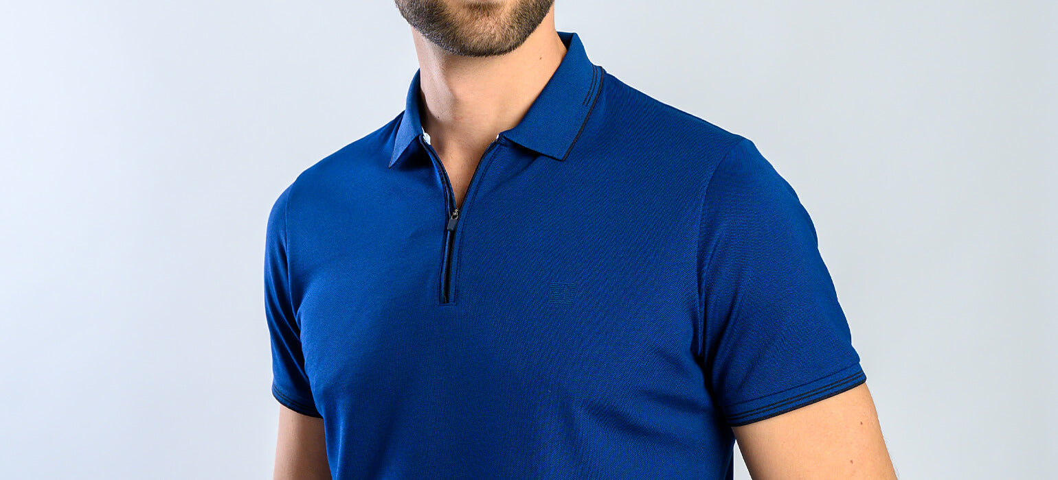 Navy blue polo shirt with zipper