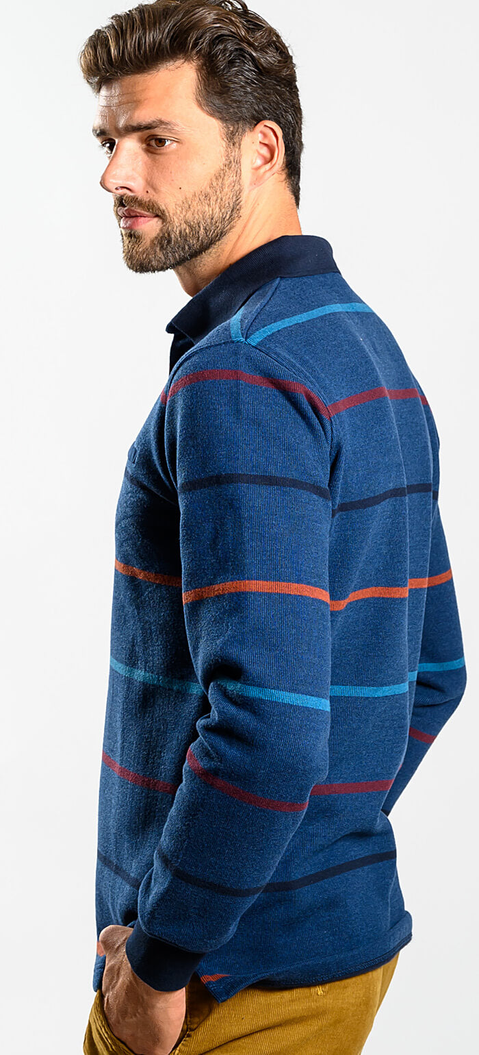 Navy blue striped long-sleeved polo shirt