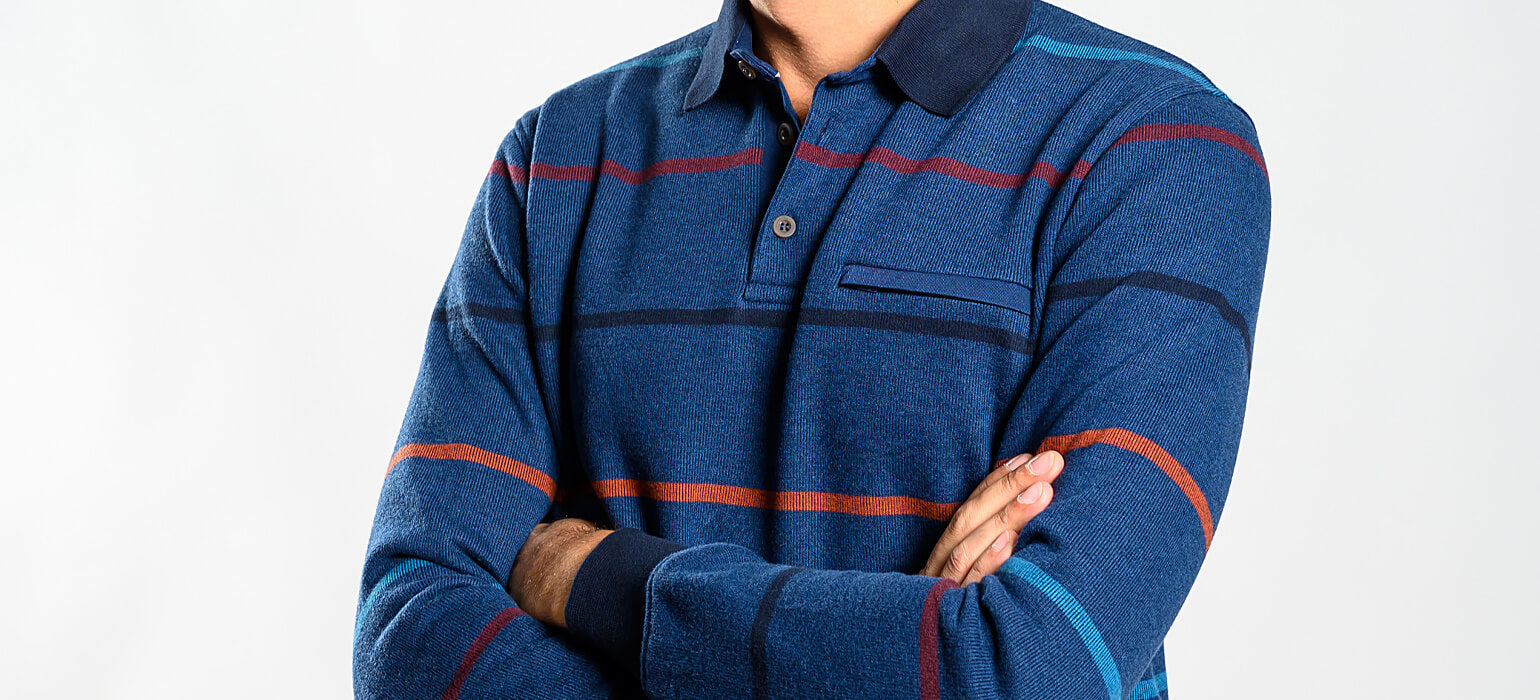 Navy blue striped long-sleeved polo shirt
