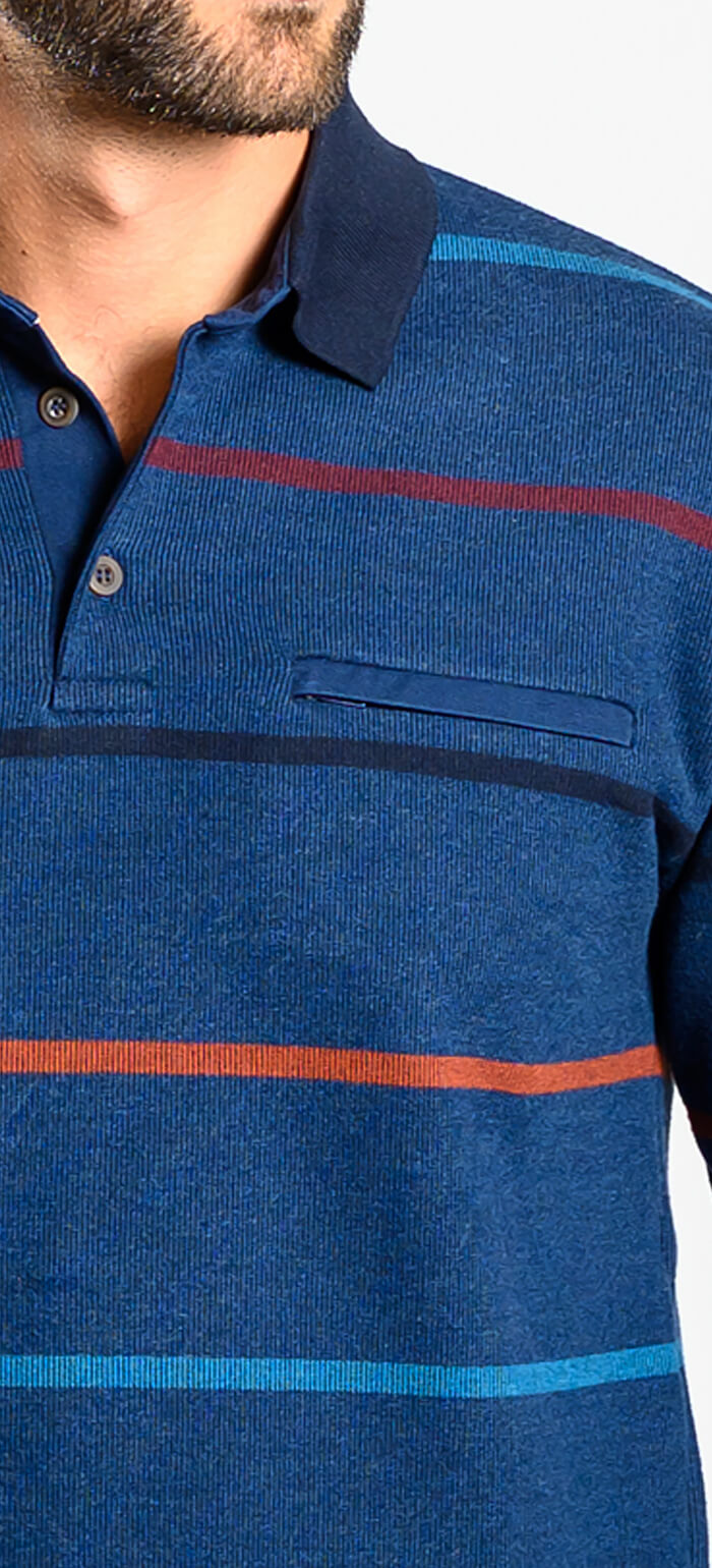 Navy blue striped long-sleeved polo shirt