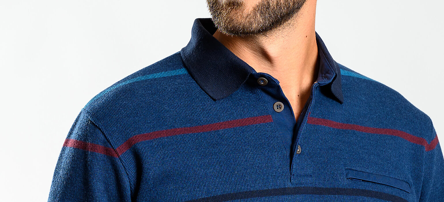 Navy blue striped long-sleeved polo shirt