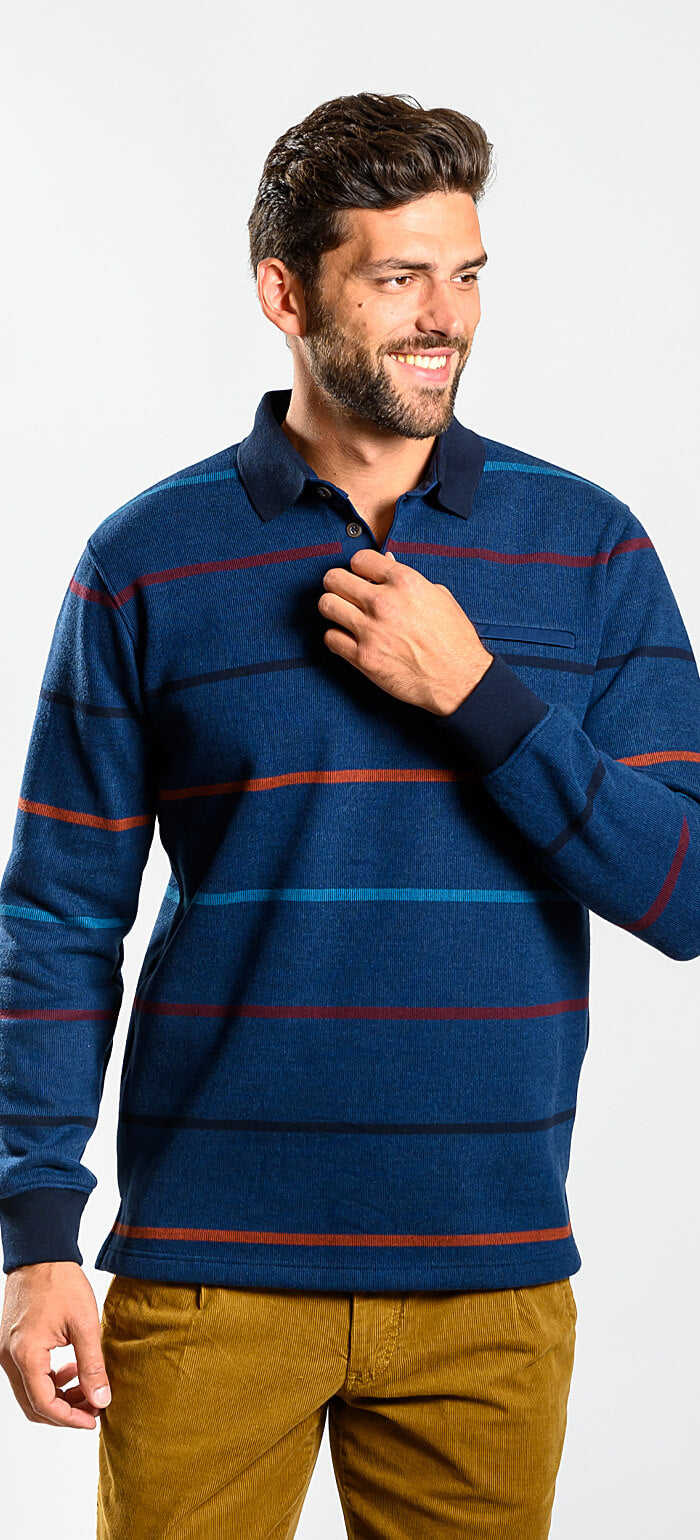 Navy blue striped long-sleeved polo shirt