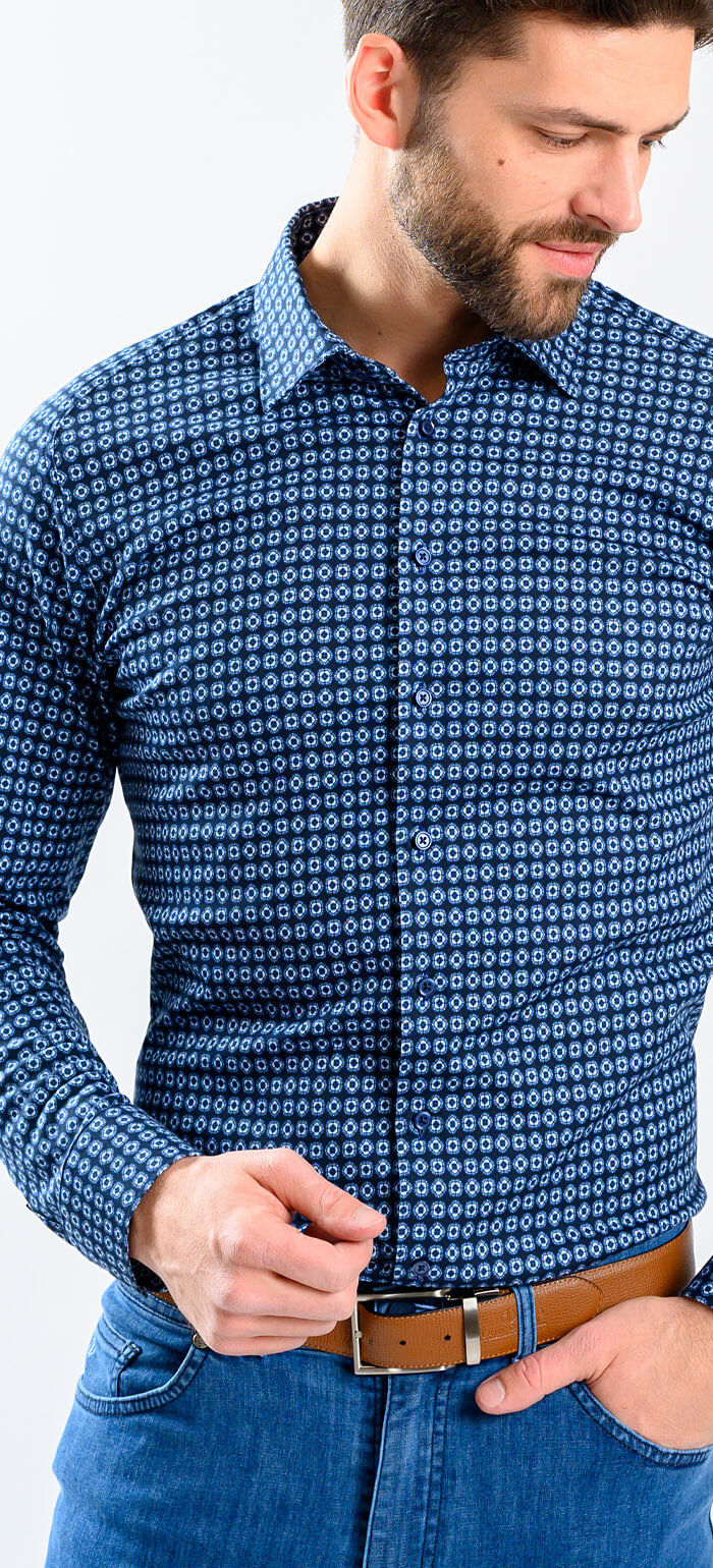 Navy blue stretch Extra Slim Fit shirt with pale blue pattern