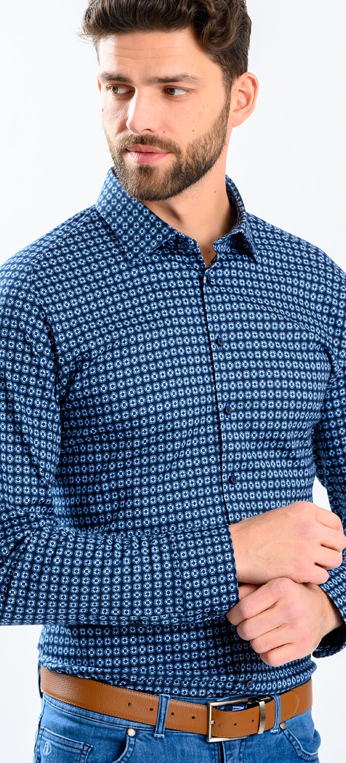 Navy blue stretch Extra Slim Fit shirt with pale blue pattern