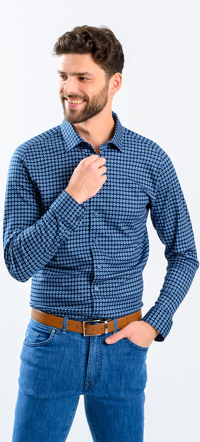 Navy blue stretch Extra Slim Fit shirt with pale blue pattern