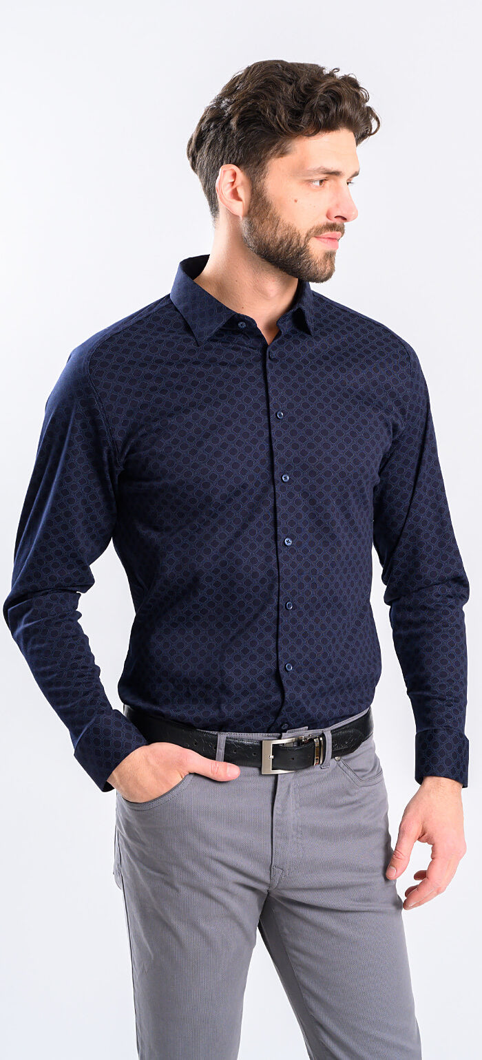 Navy Blue Stretch Extra Slim Fit Shirt with Pattern