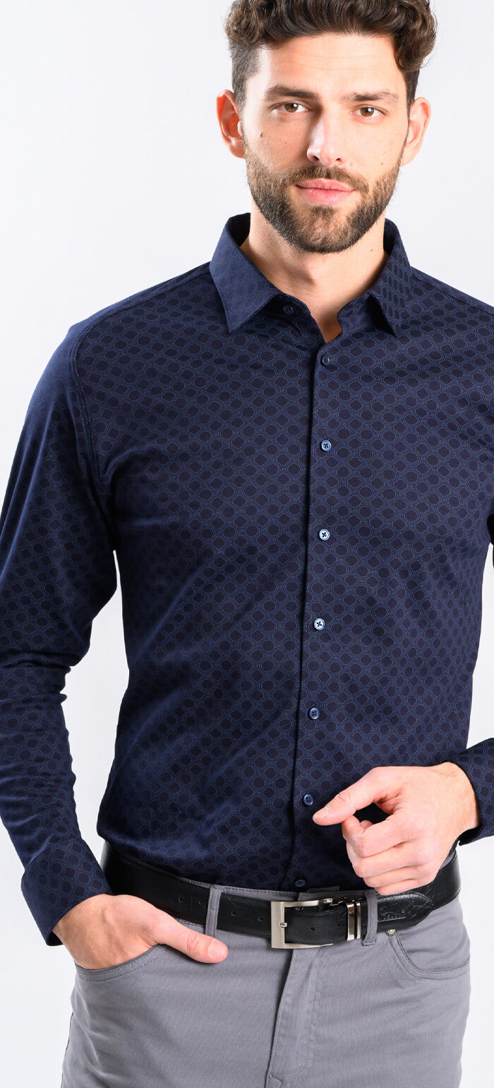 Navy Blue Stretch Extra Slim Fit Shirt with Pattern