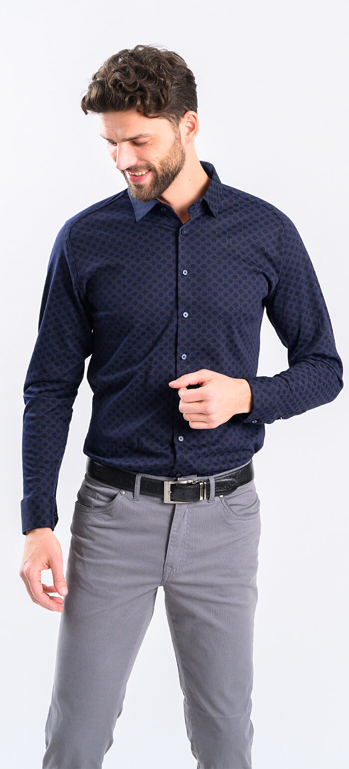 Navy Blue Stretch Extra Slim Fit Shirt with Pattern