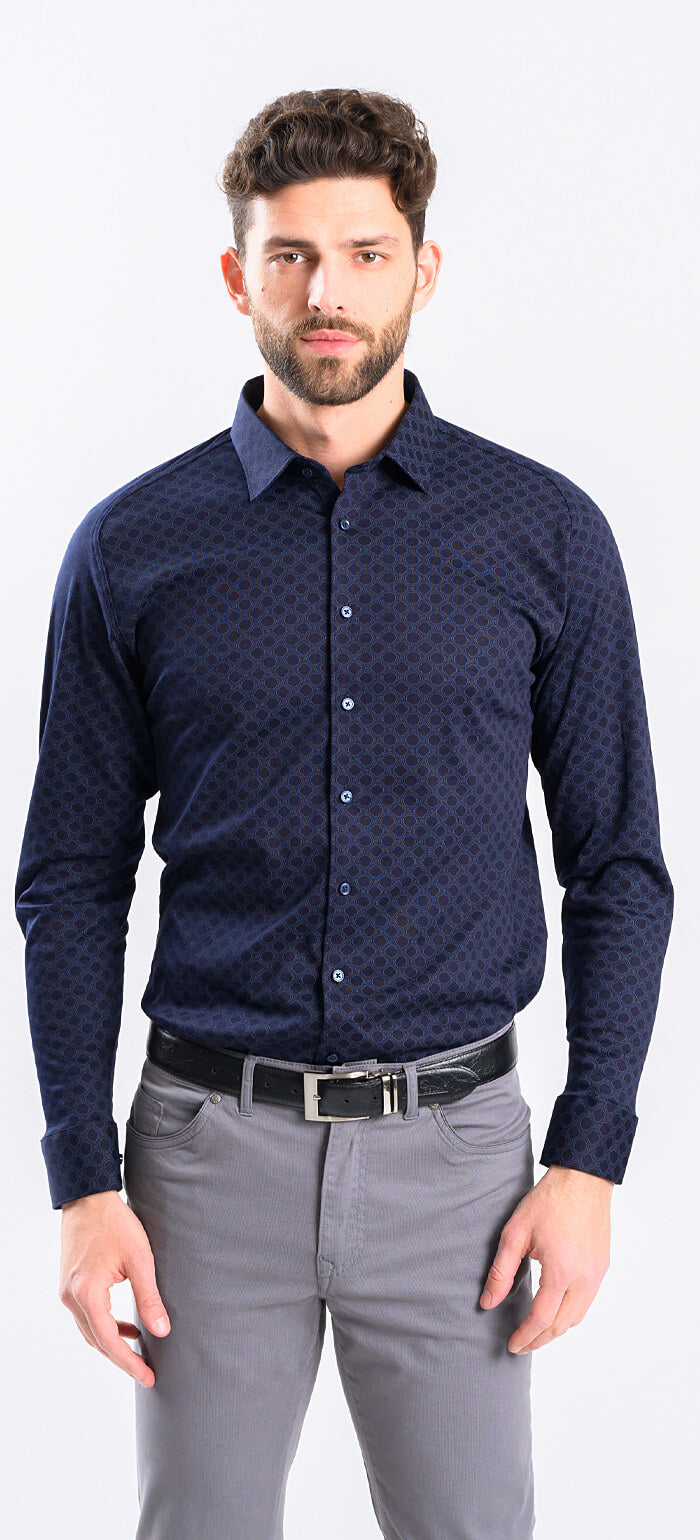 Navy Blue Stretch Extra Slim Fit Shirt with Pattern