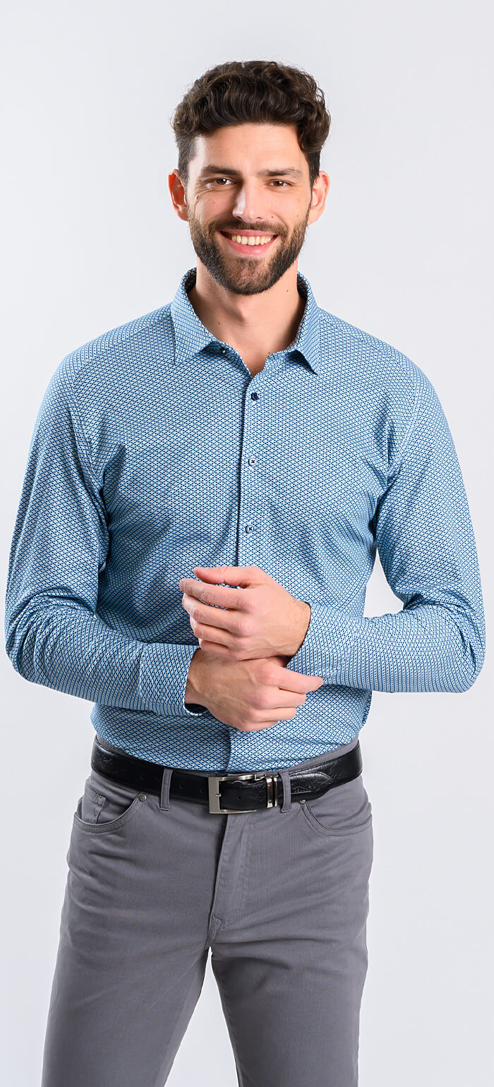 Navy blue stretch Extra Slim Fit shirt with green pattern