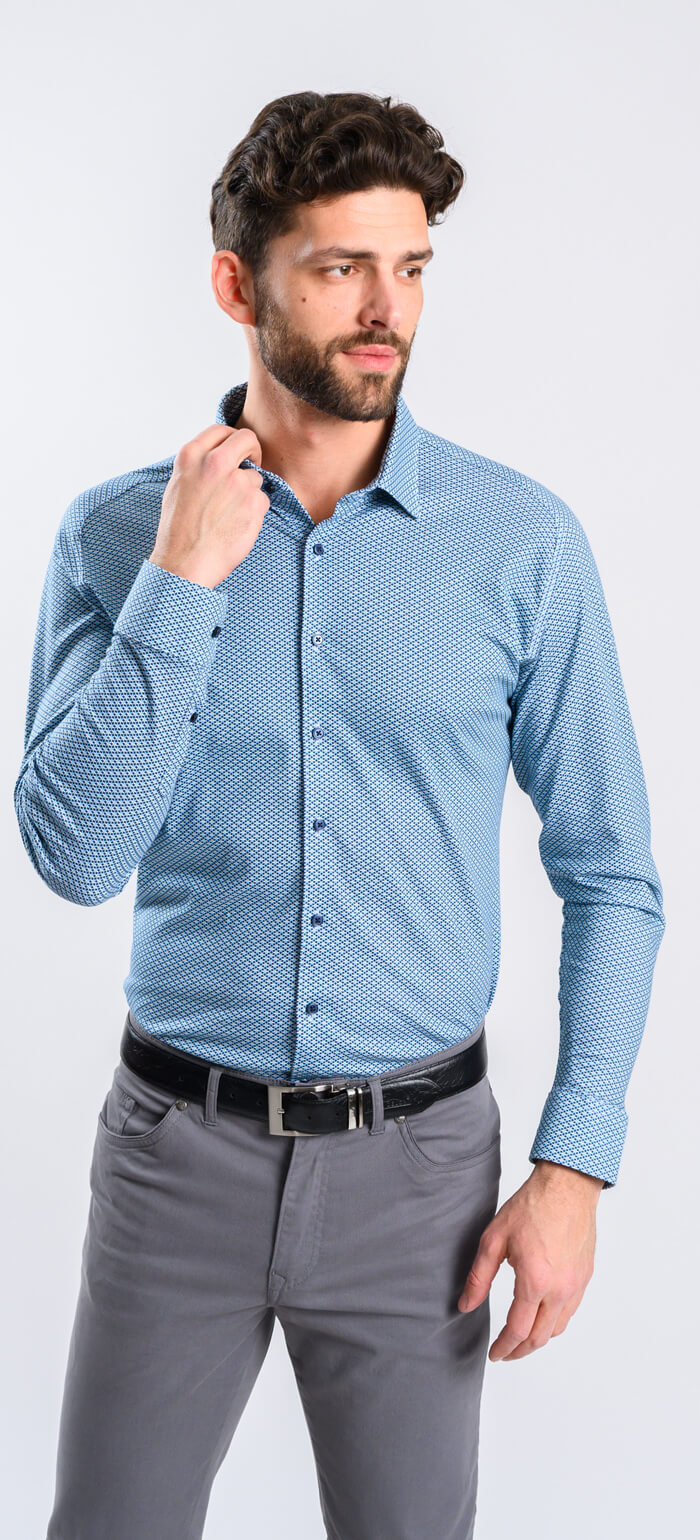 Navy blue stretch Extra Slim Fit shirt with green pattern