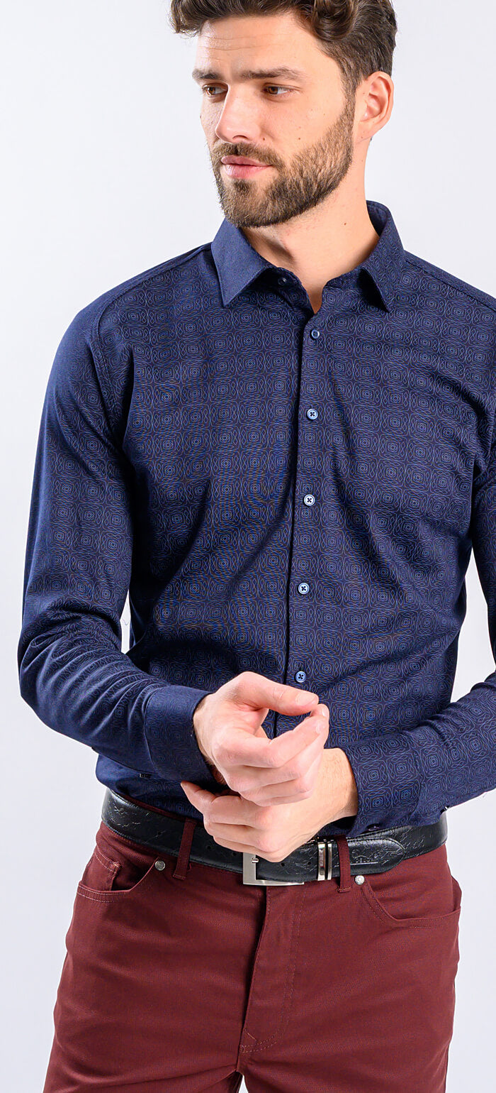 Navy Blue Stretch Patterned Extra Slim Fit Shirt