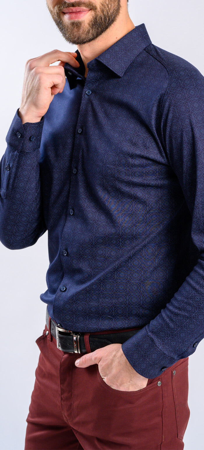 Navy Blue Stretch Patterned Extra Slim Fit Shirt