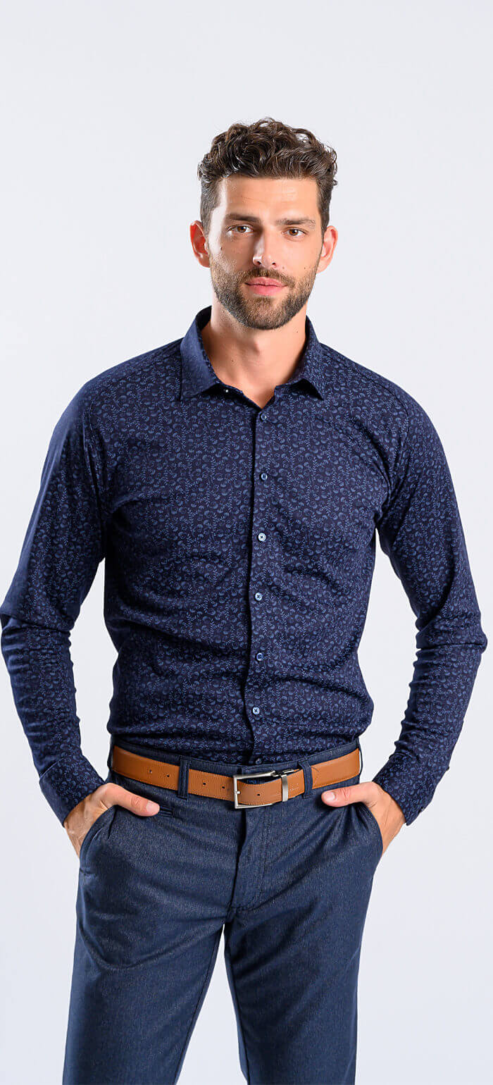 Navy Blue Patterned Stretch Extra Slim Fit Shirt with Anti-Wrinkle Treatment