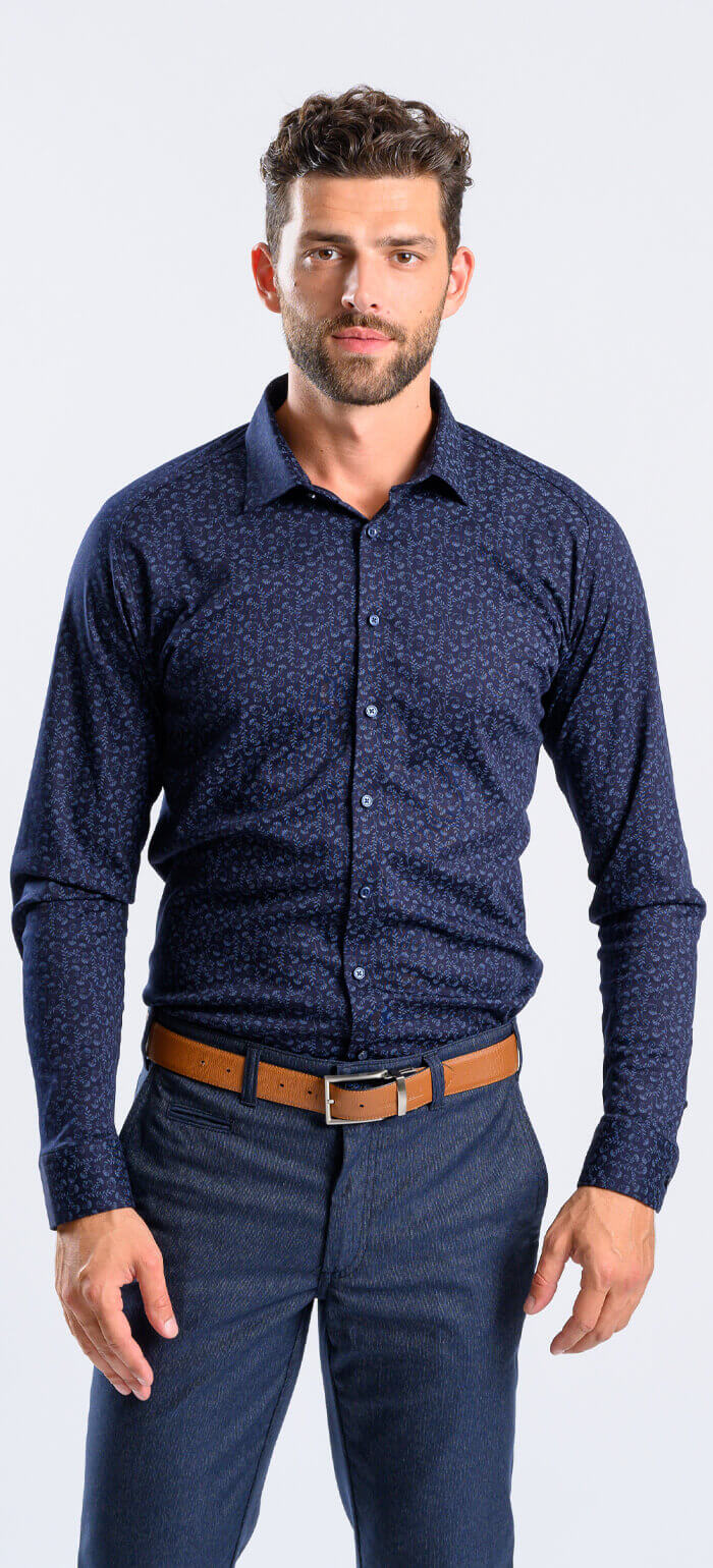 Navy Blue Patterned Stretch Extra Slim Fit Shirt with Anti-Wrinkle Treatment