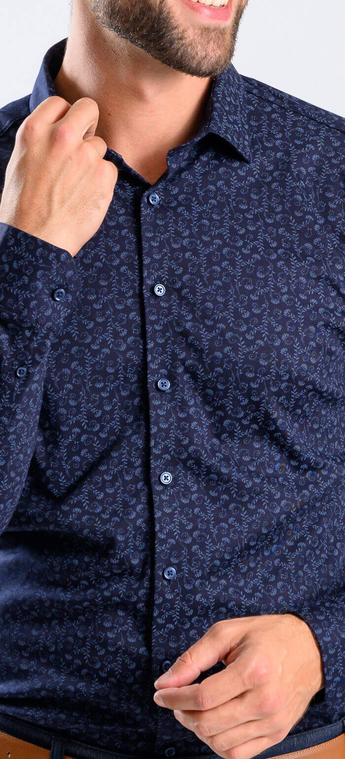 Navy Blue Patterned Stretch Extra Slim Fit Shirt with Anti-Wrinkle Treatment