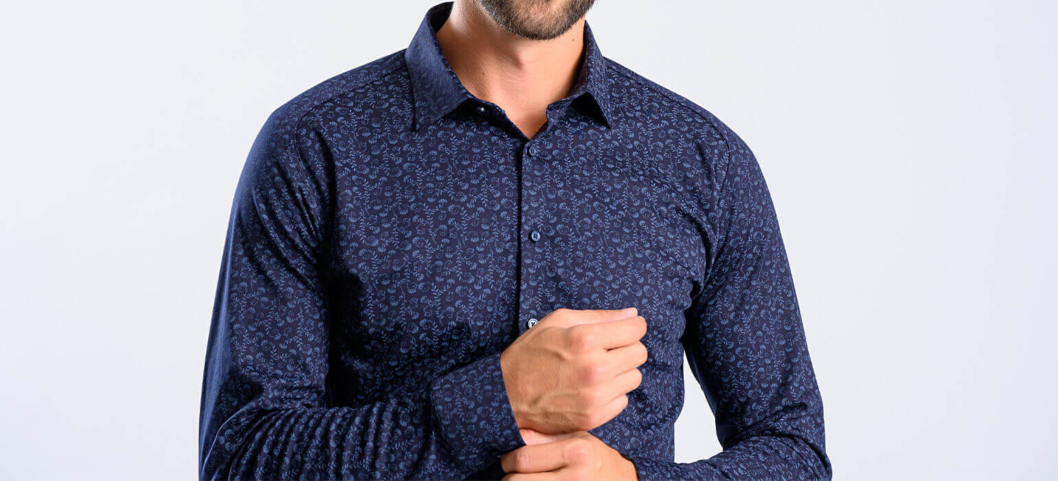 Navy Blue Patterned Stretch Extra Slim Fit Shirt with Anti-Wrinkle Treatment