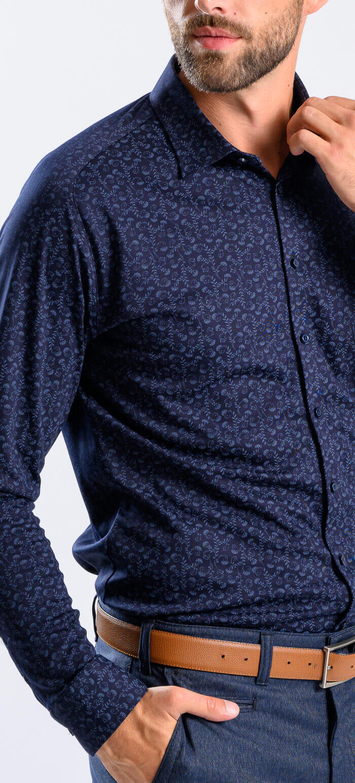 Navy Blue Patterned Stretch Extra Slim Fit Shirt with Anti-Wrinkle Treatment