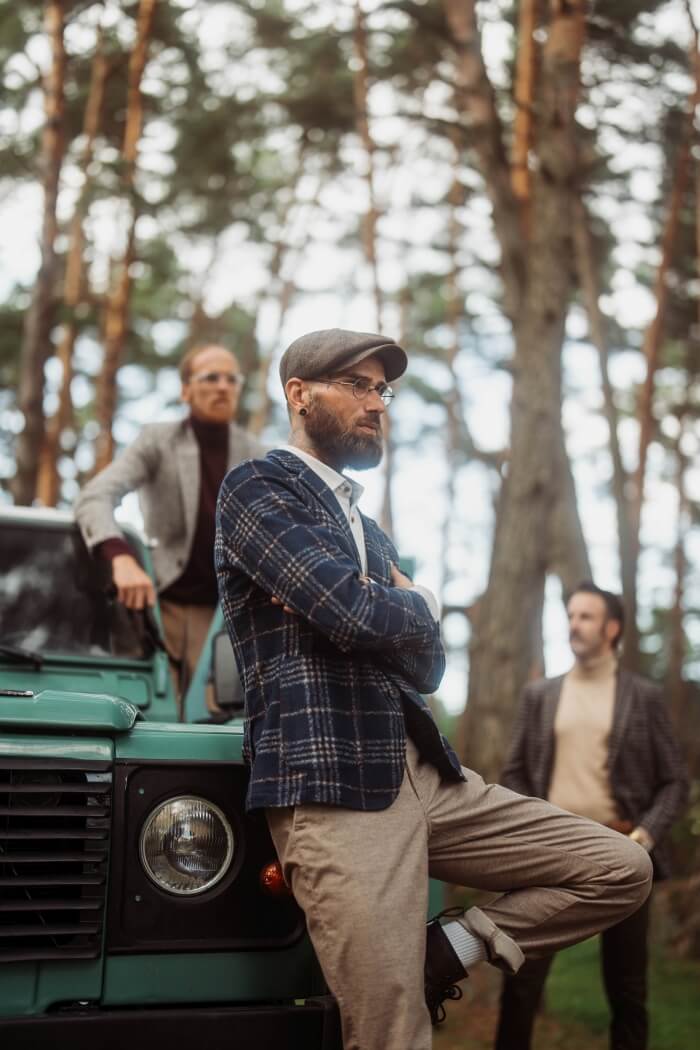 Navy blue blazer with beige check
