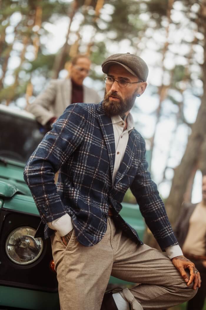 Navy blue blazer with beige check