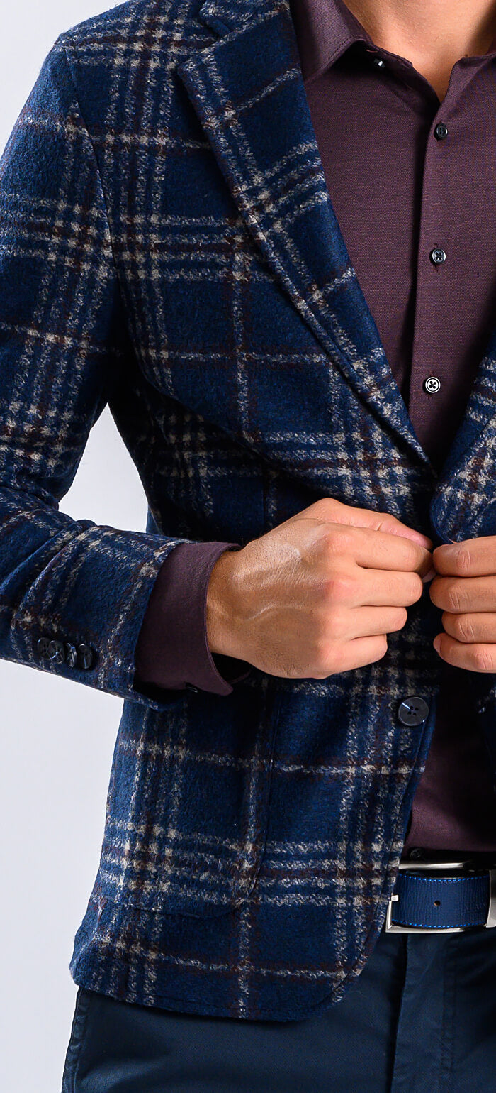 Navy blue blazer with beige check