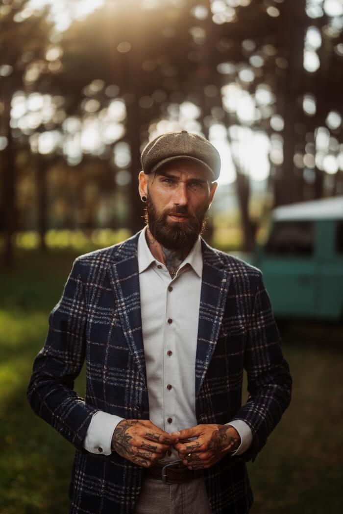 Navy blue blazer with beige check
