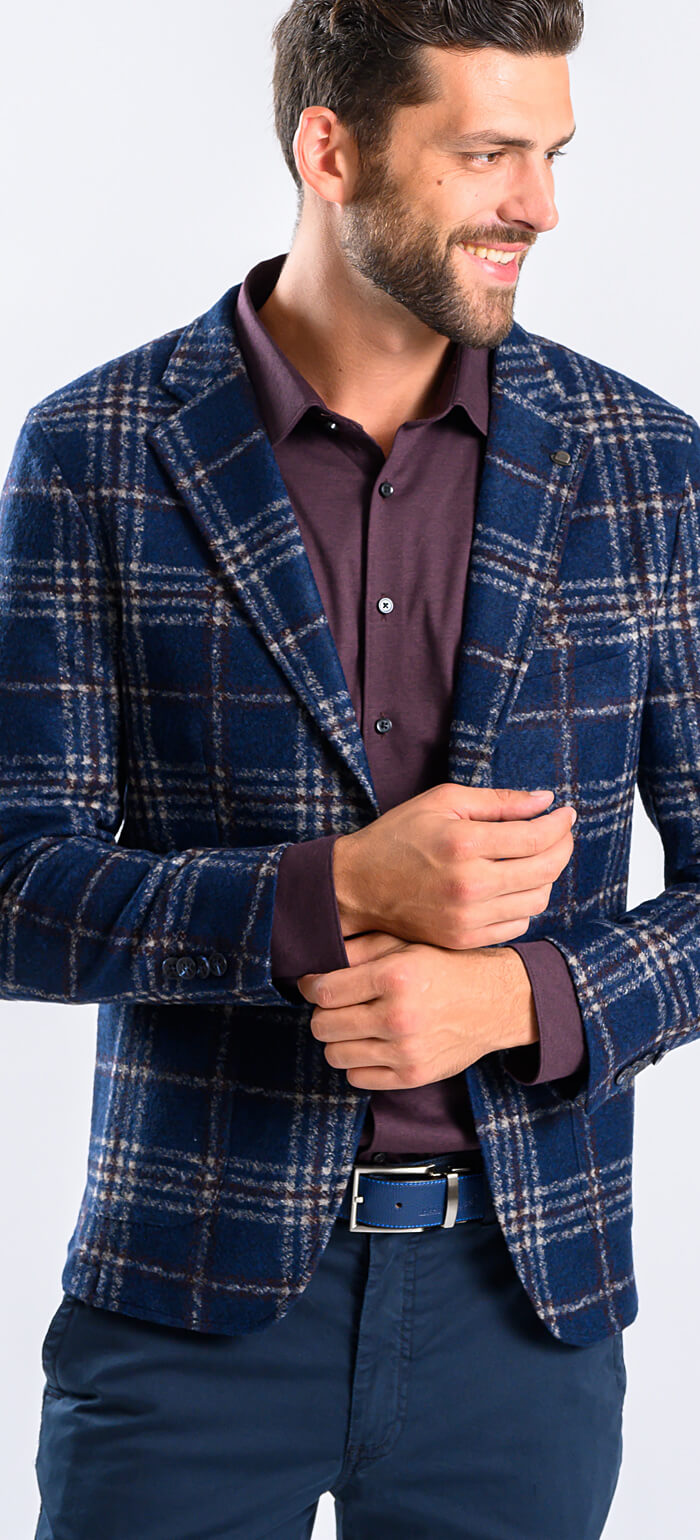 Navy blue blazer with beige check