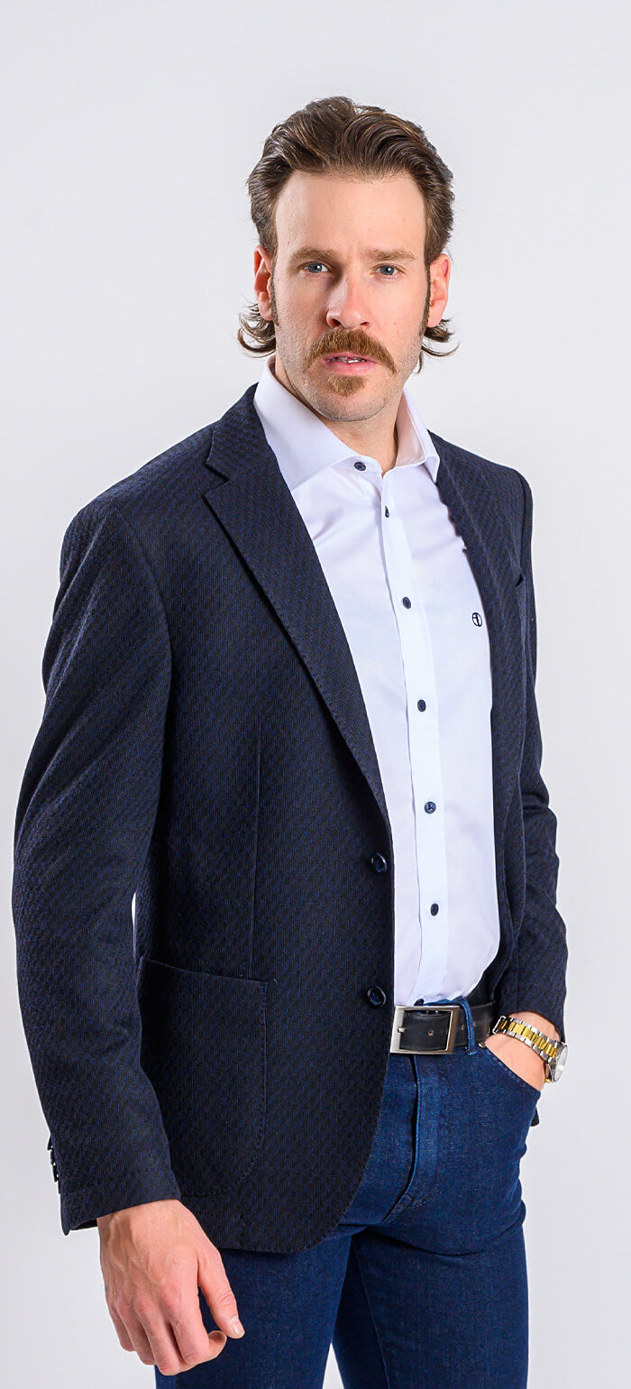 Navy blue jacket with a subtle pattern, size XL