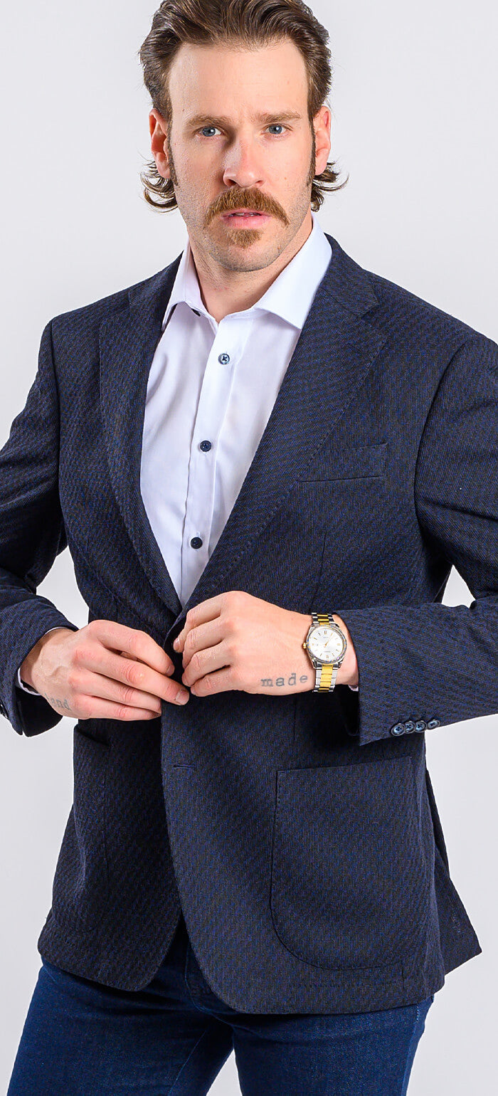 Navy blue jacket with a subtle pattern, size XL