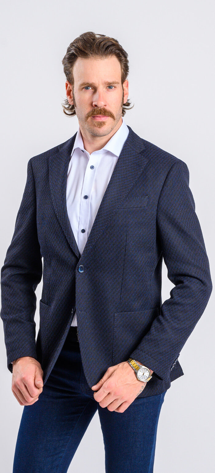 Navy blue jacket with a subtle pattern