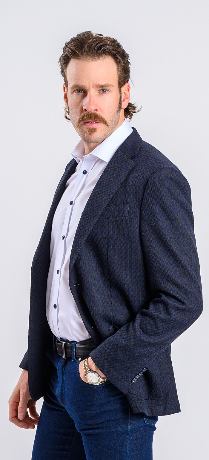 Navy blue jacket with a subtle pattern