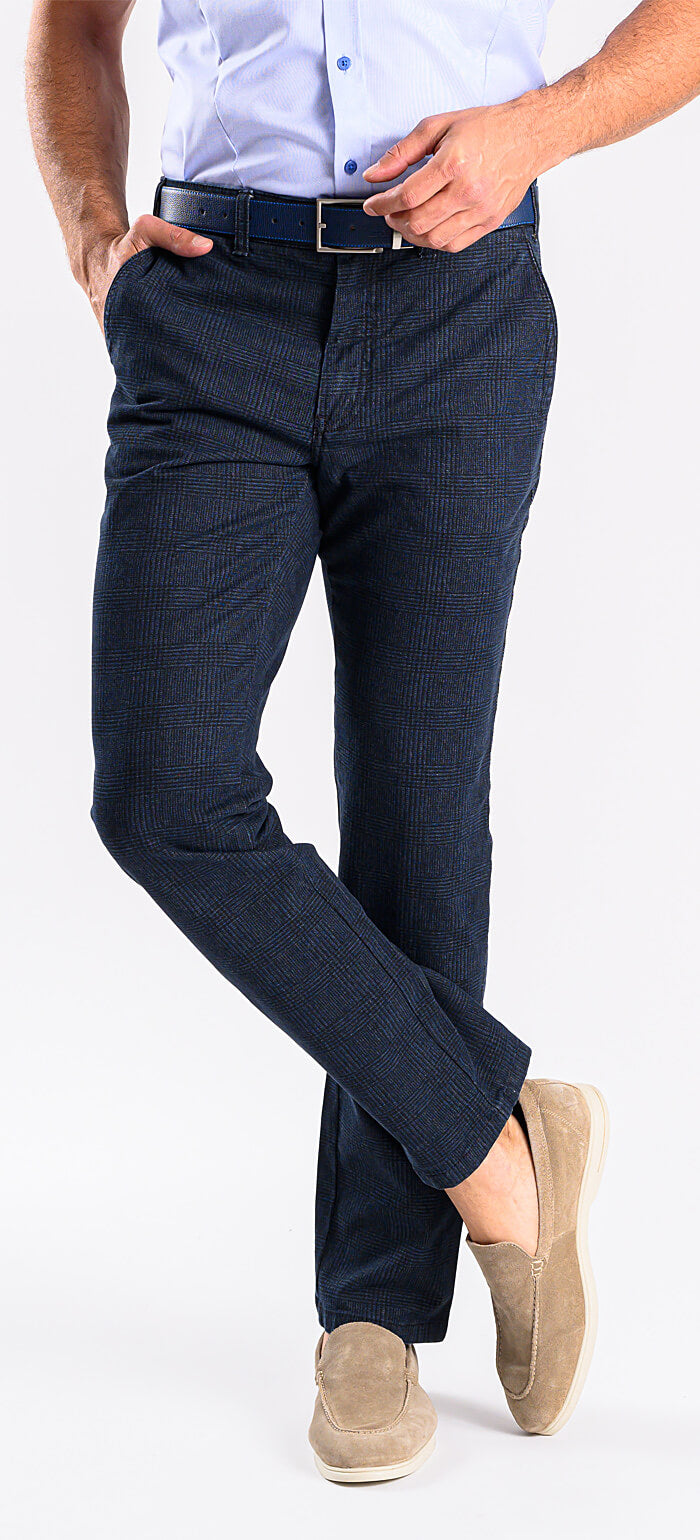Navy blue casual pants with black check pattern