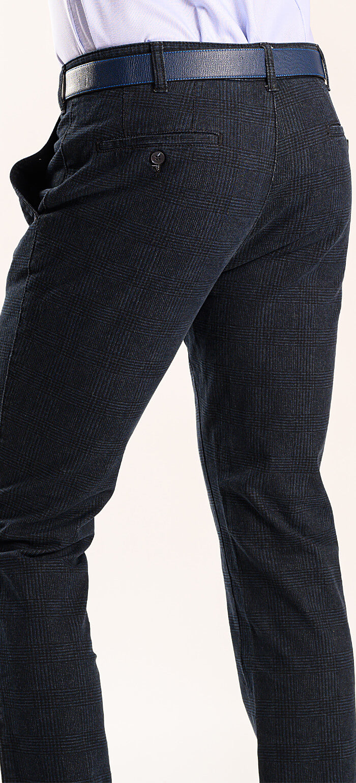 Navy blue casual pants with black check pattern