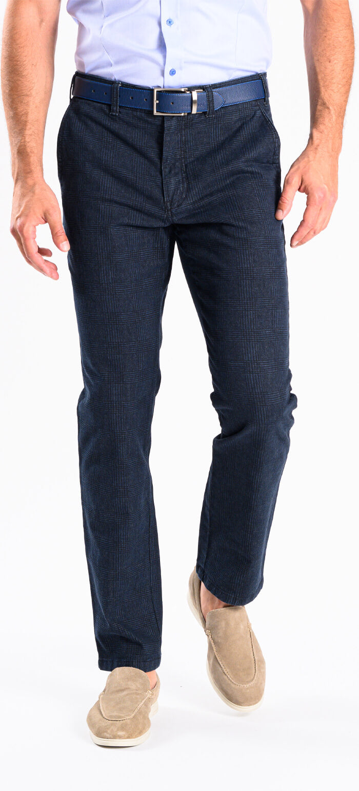 Navy blue casual pants with black check pattern