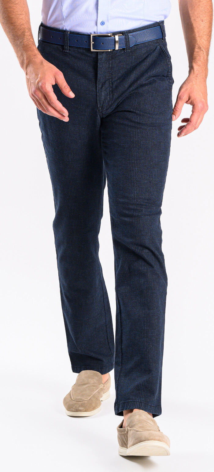 Navy blue casual pants with black check pattern