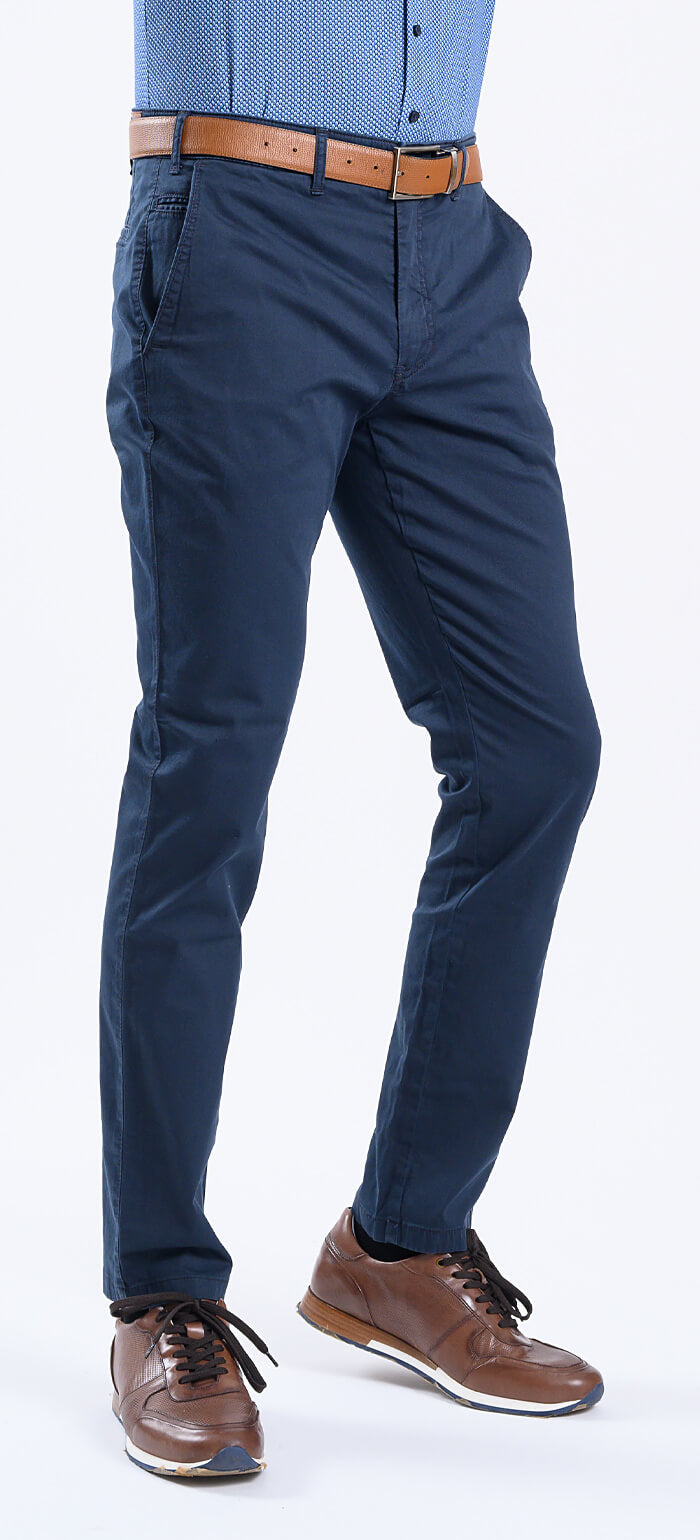 Dark blue casual pants with a subtle black pattern