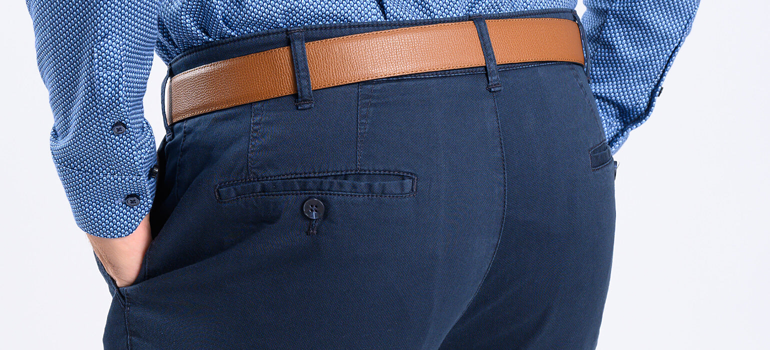 Dark blue casual pants with a subtle black pattern