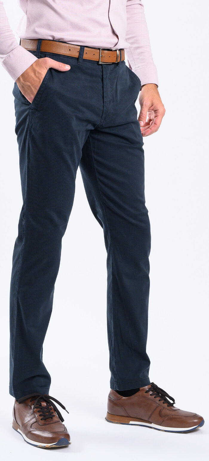 Dark blue casual trousers with a small diamond pattern