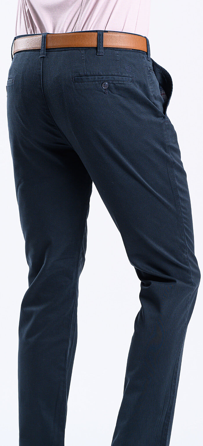 Dark blue casual trousers with a small diamond pattern