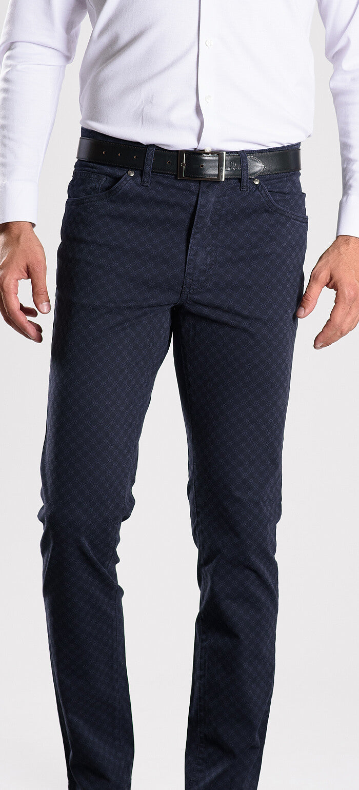 Navy blue patterned trousers