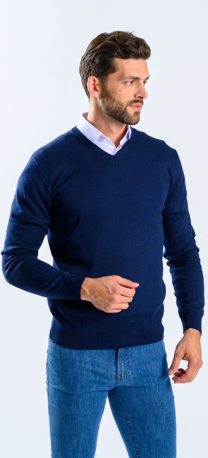 Navy blue cotton V-neck sweater